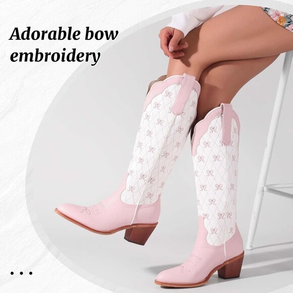 Women's Light Pink Knee High Embroidered Cowgirl Boots with Bow Chunky Heel Boot - Picture 2 of 6
